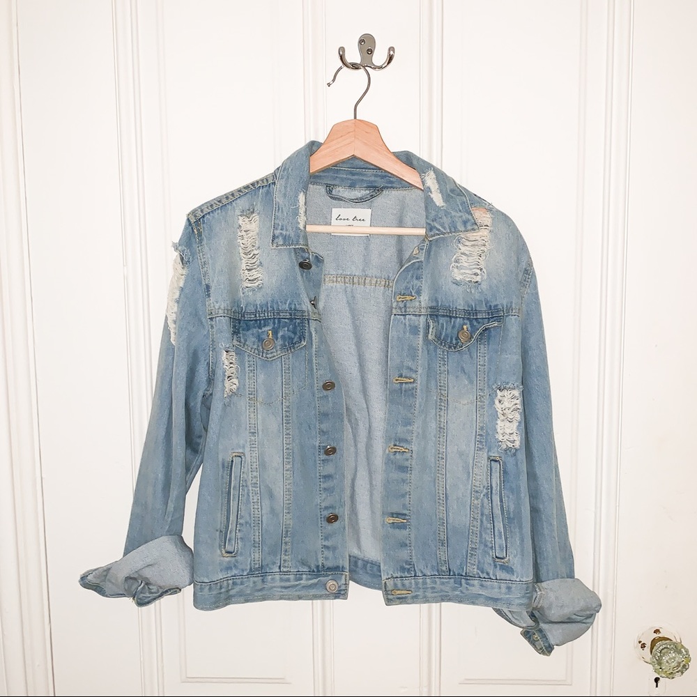 Love Tree Light Washed Ripped Denim Jacket